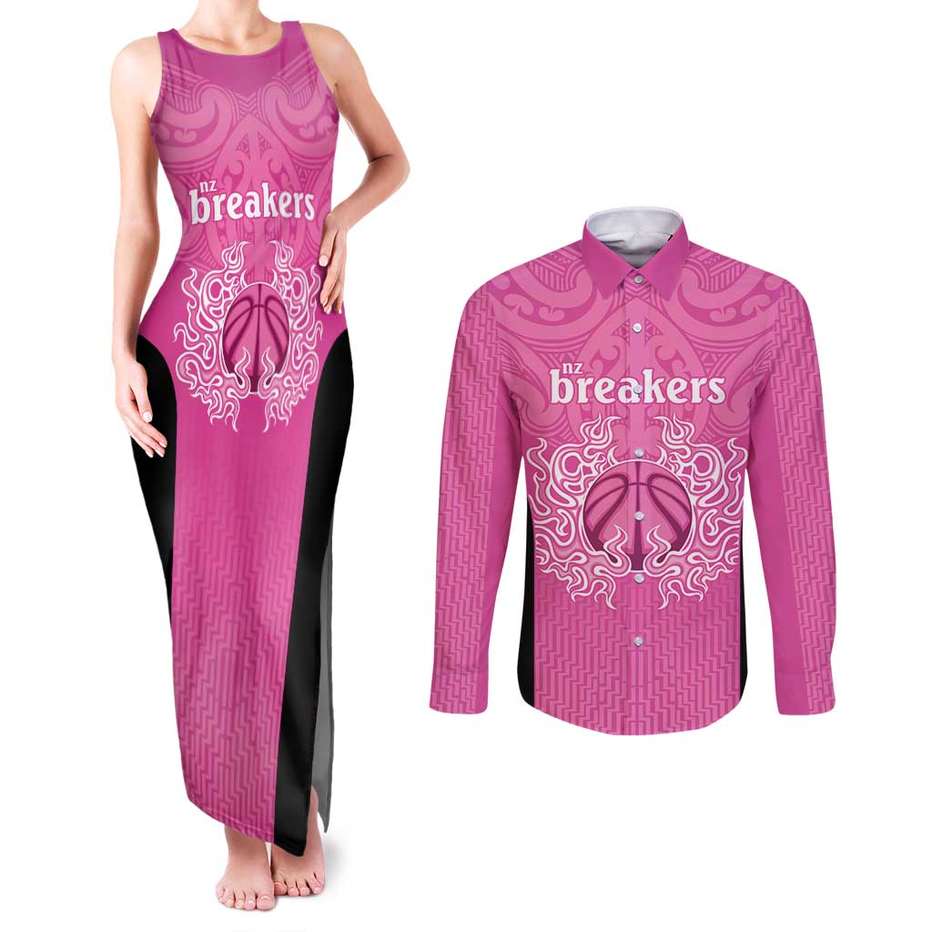 New Zealand Custom Couples Matching Tank Maxi Dress and Long Sleeve Button Shirt Fire Basketball Maori Tribal Pink LT9 Pink - Polynesian Pride