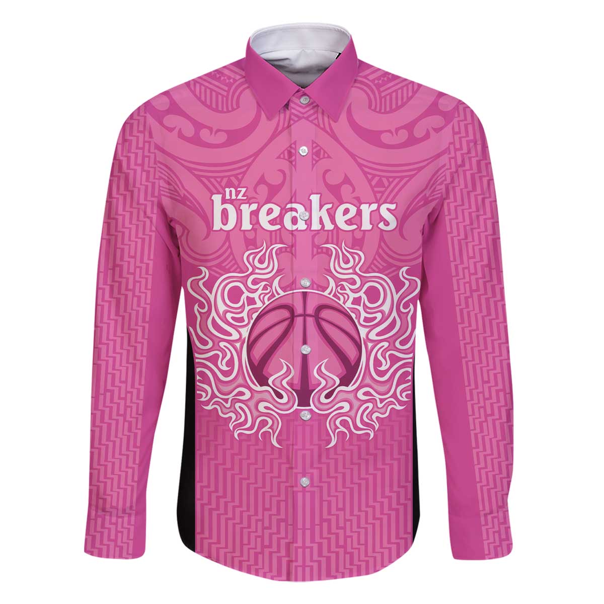 New Zealand Custom Family Matching Off The Shoulder Long Sleeve Dress and Hawaiian Shirt Fire Basketball Maori Tribal Pink - Polynesian Pride