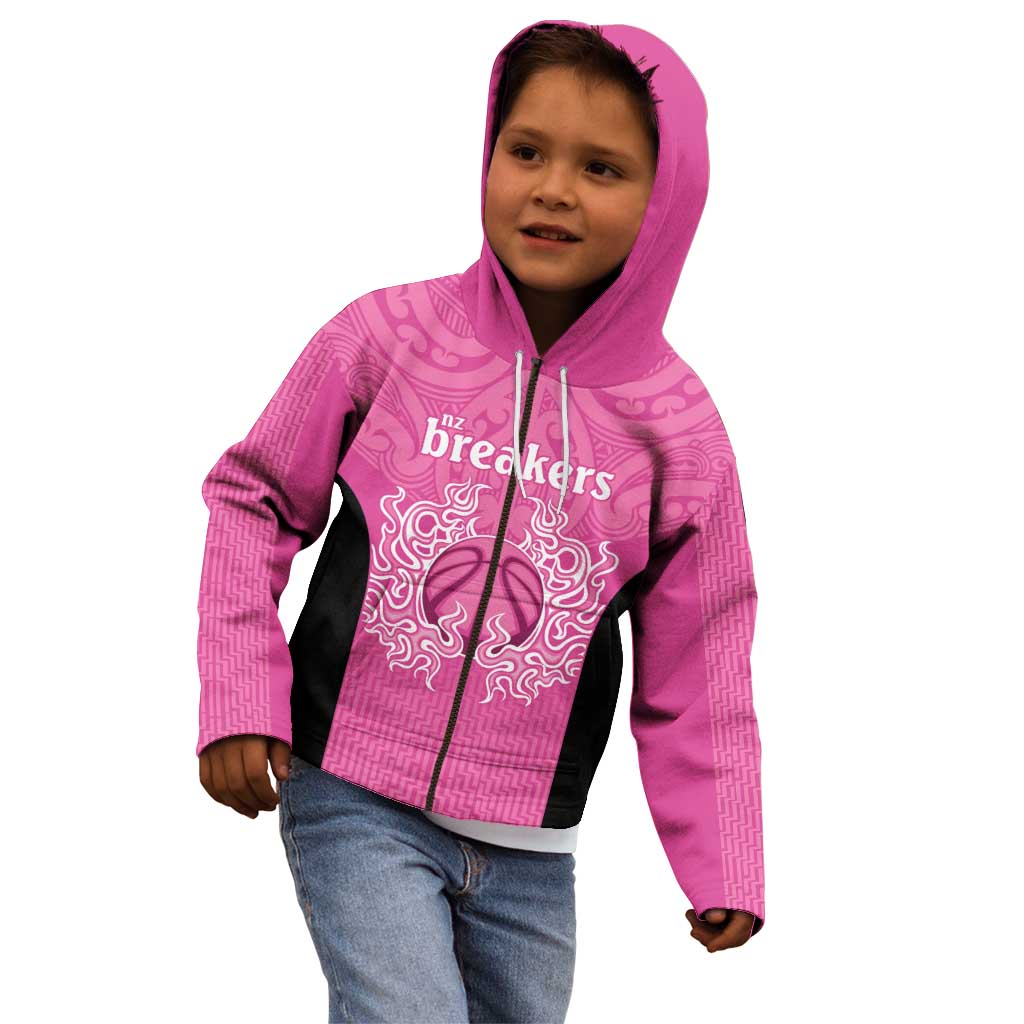New Zealand Custom Kid Hoodie Fire Basketball Maori Tribal Pink - Polynesian Pride
