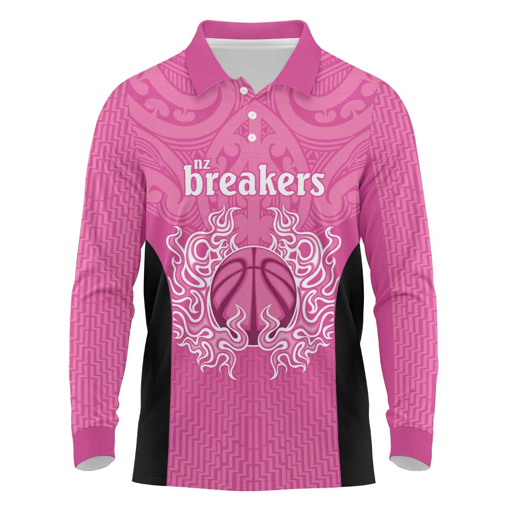 New Zealand Custom Long Sleeve Polo Shirt Fire Basketball Maori Tribal Pink - Polynesian Pride