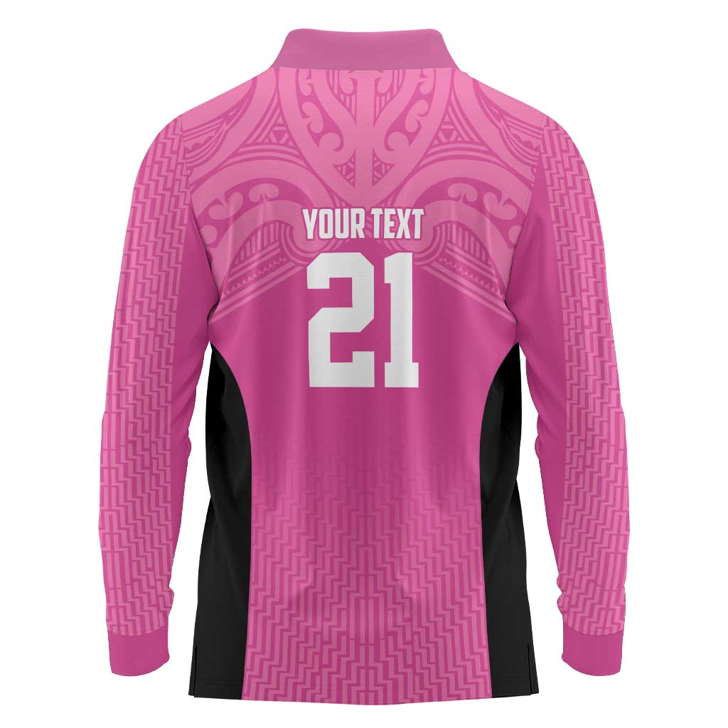 New Zealand Custom Long Sleeve Polo Shirt Fire Basketball Maori Tribal Pink - Polynesian Pride