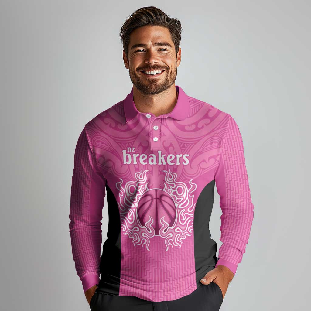 New Zealand Custom Long Sleeve Polo Shirt Fire Basketball Maori Tribal Pink - Polynesian Pride