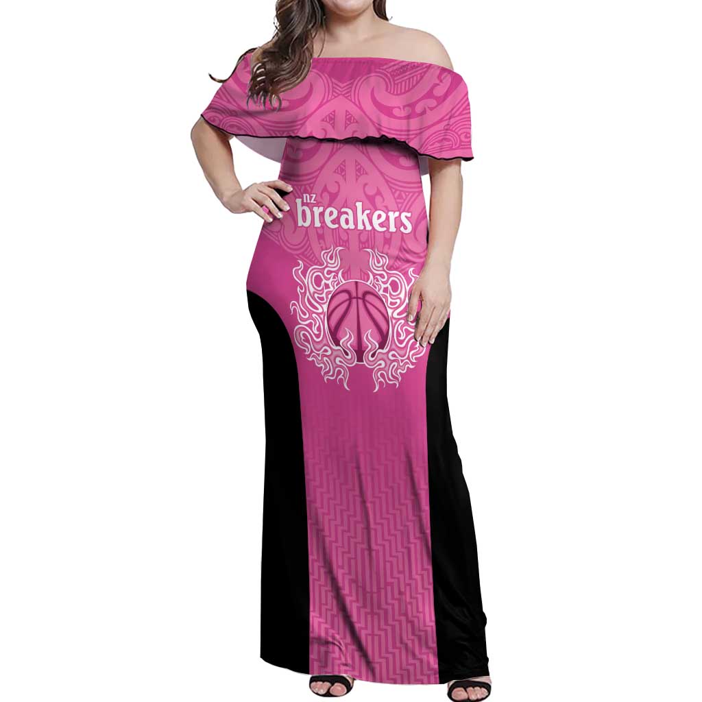 New Zealand Custom Off Shoulder Maxi Dress Fire Basketball Maori Tribal Pink - Polynesian Pride