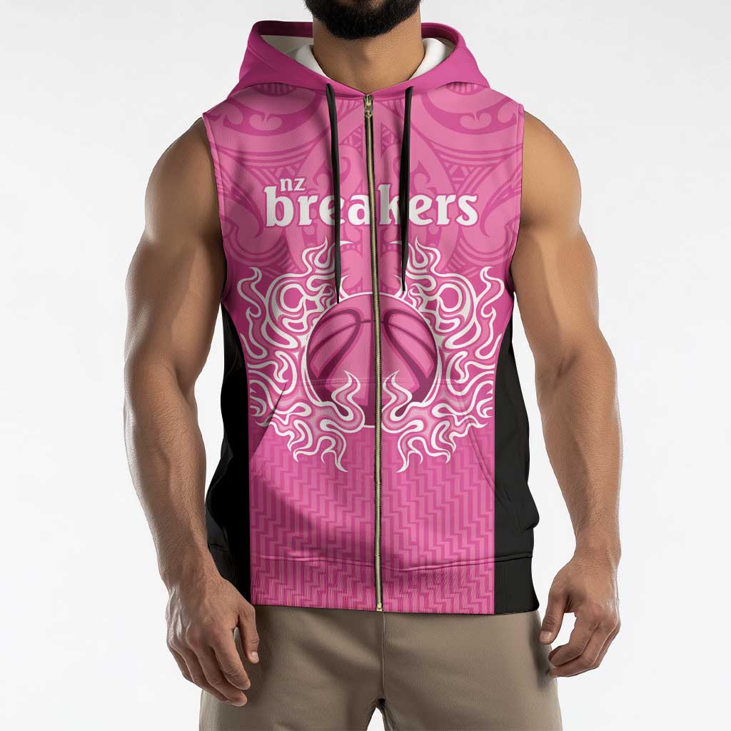 New Zealand Custom Sleeveless Zip Hoodie Fire Basketball Maori Tribal Pink - Polynesian Pride