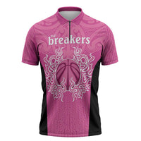 New Zealand Custom Zipper Polo Shirt Fire Basketball Maori Tribal Pink - Polynesian Pride