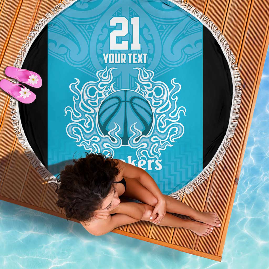 New Zealand Custom Beach Blanket Fire Basketball Maori Tribal Sky Blue - Polynesian Pride