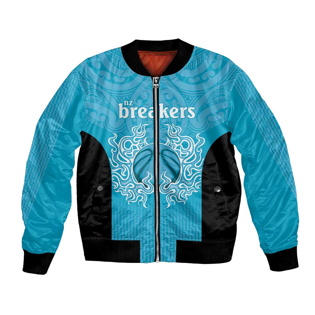 New Zealand Custom Bomber Jacket Fire Basketball Maori Tribal Sky Blue - Polynesian Pride