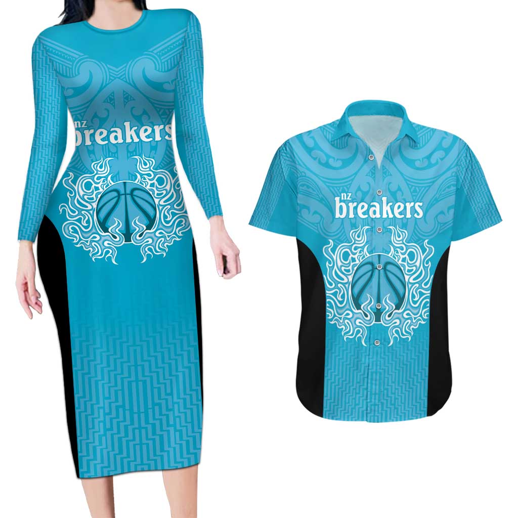 New Zealand Custom Couples Matching Long Sleeve Bodycon Dress and Hawaiian Shirt Fire Basketball Maori Tribal Sky Blue - Polynesian Pride