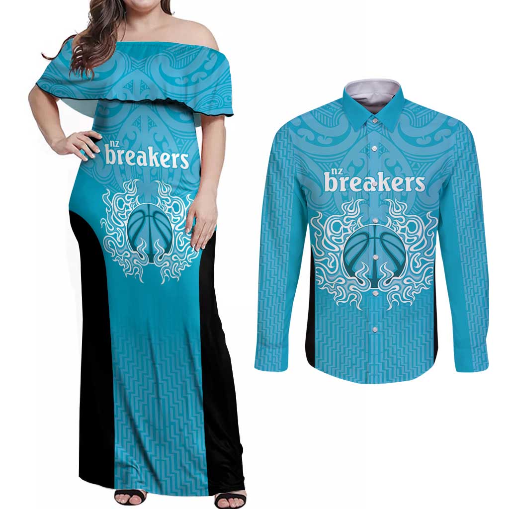 New Zealand Custom Couples Matching Off Shoulder Maxi Dress and Long Sleeve Button Shirt Fire Basketball Maori Tribal Sky Blue - Polynesian Pride