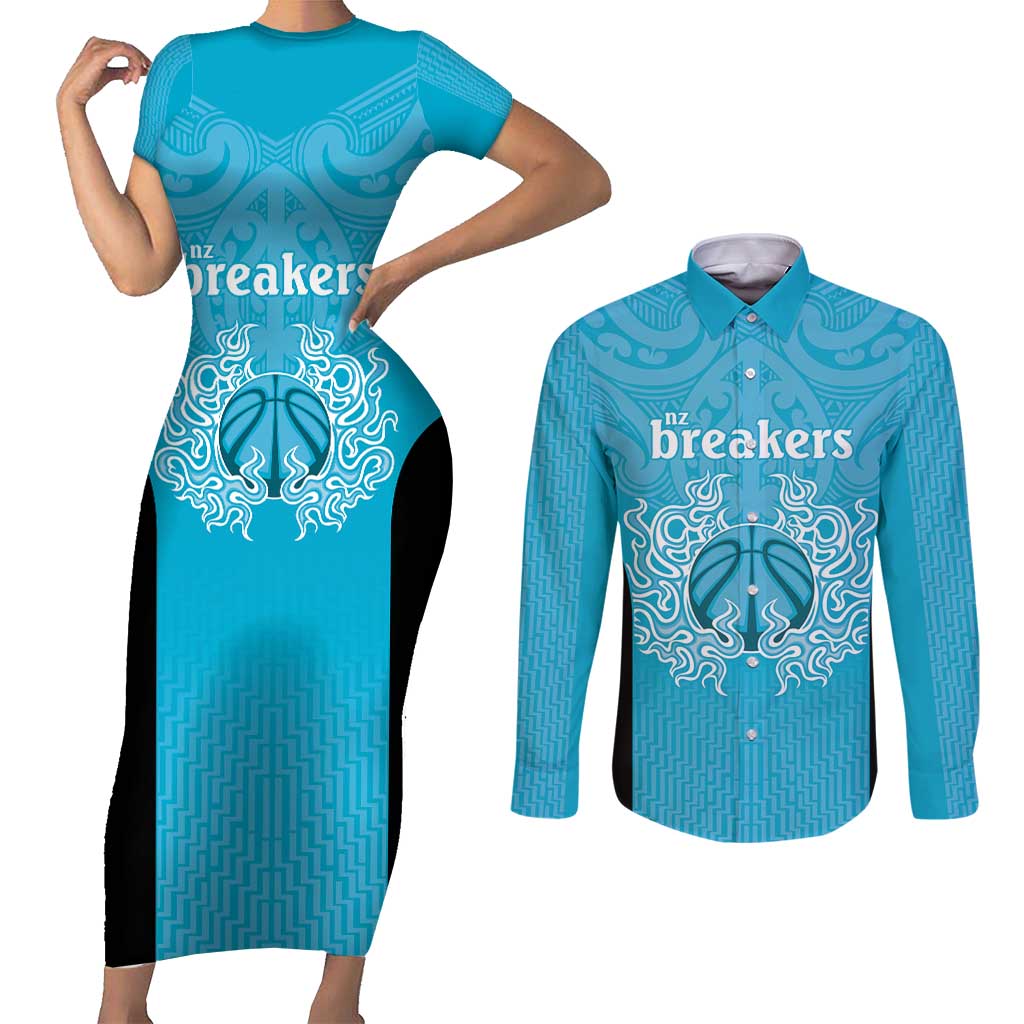 New Zealand Custom Couples Matching Short Sleeve Bodycon Dress and Long Sleeve Button Shirt Fire Basketball Maori Tribal Sky Blue - Polynesian Pride