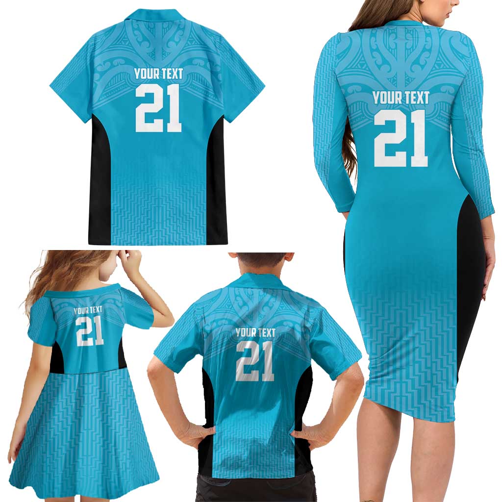 New Zealand Custom Family Matching Long Sleeve Bodycon Dress and Hawaiian Shirt Fire Basketball Maori Tribal Sky Blue - Polynesian Pride
