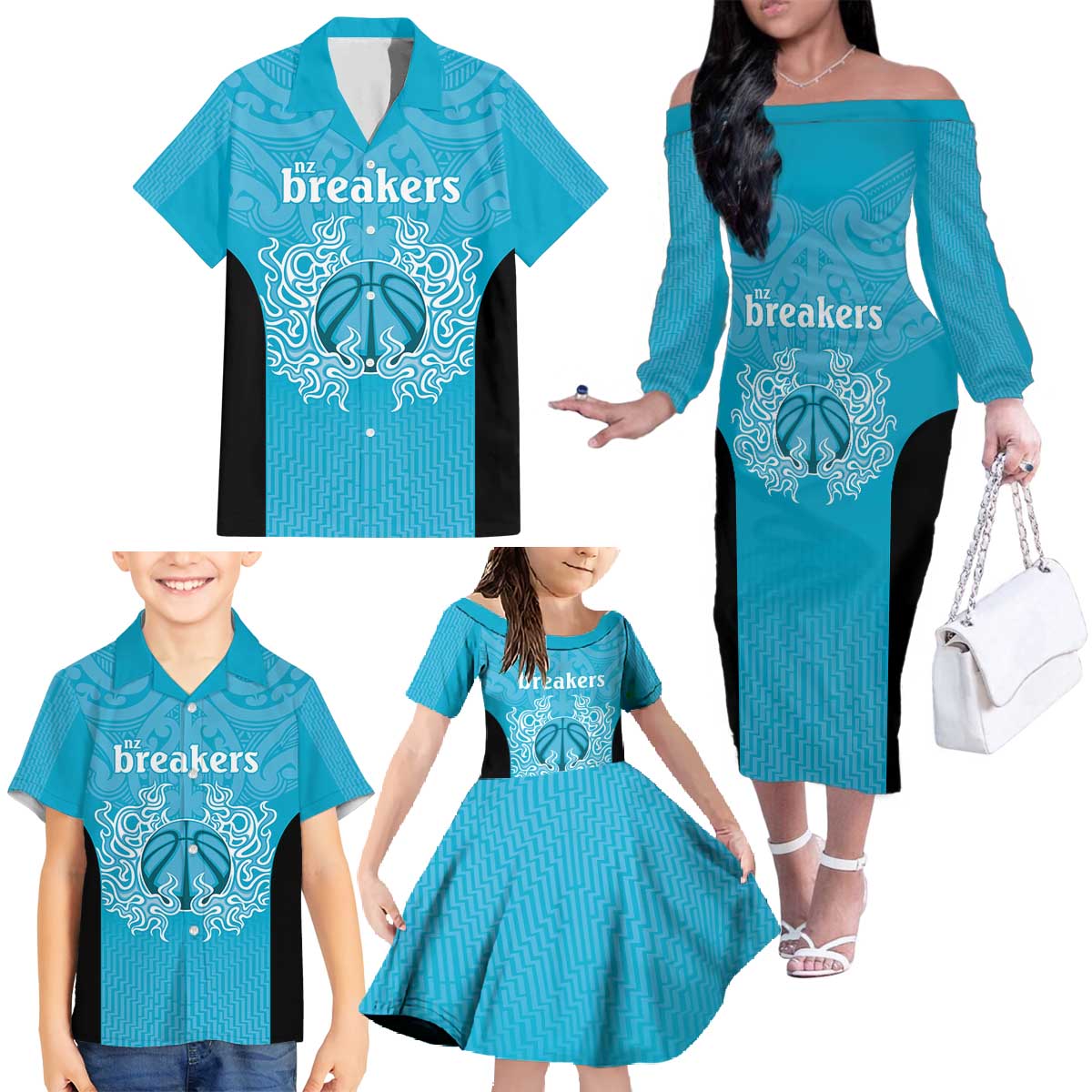 New Zealand Custom Family Matching Off The Shoulder Long Sleeve Dress and Hawaiian Shirt Fire Basketball Maori Tribal Sky Blue - Polynesian Pride