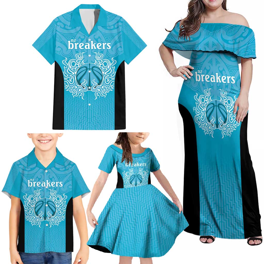New Zealand Custom Family Matching Off Shoulder Maxi Dress and Hawaiian Shirt Fire Basketball Maori Tribal Sky Blue - Polynesian Pride