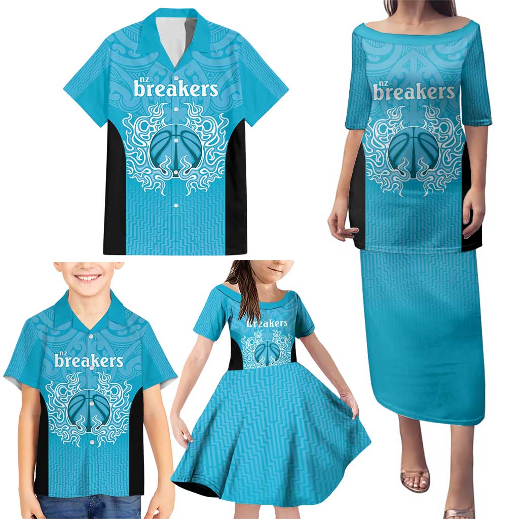 New Zealand Custom Family Matching Puletasi and Hawaiian Shirt Fire Basketball Maori Tribal Sky Blue - Polynesian Pride