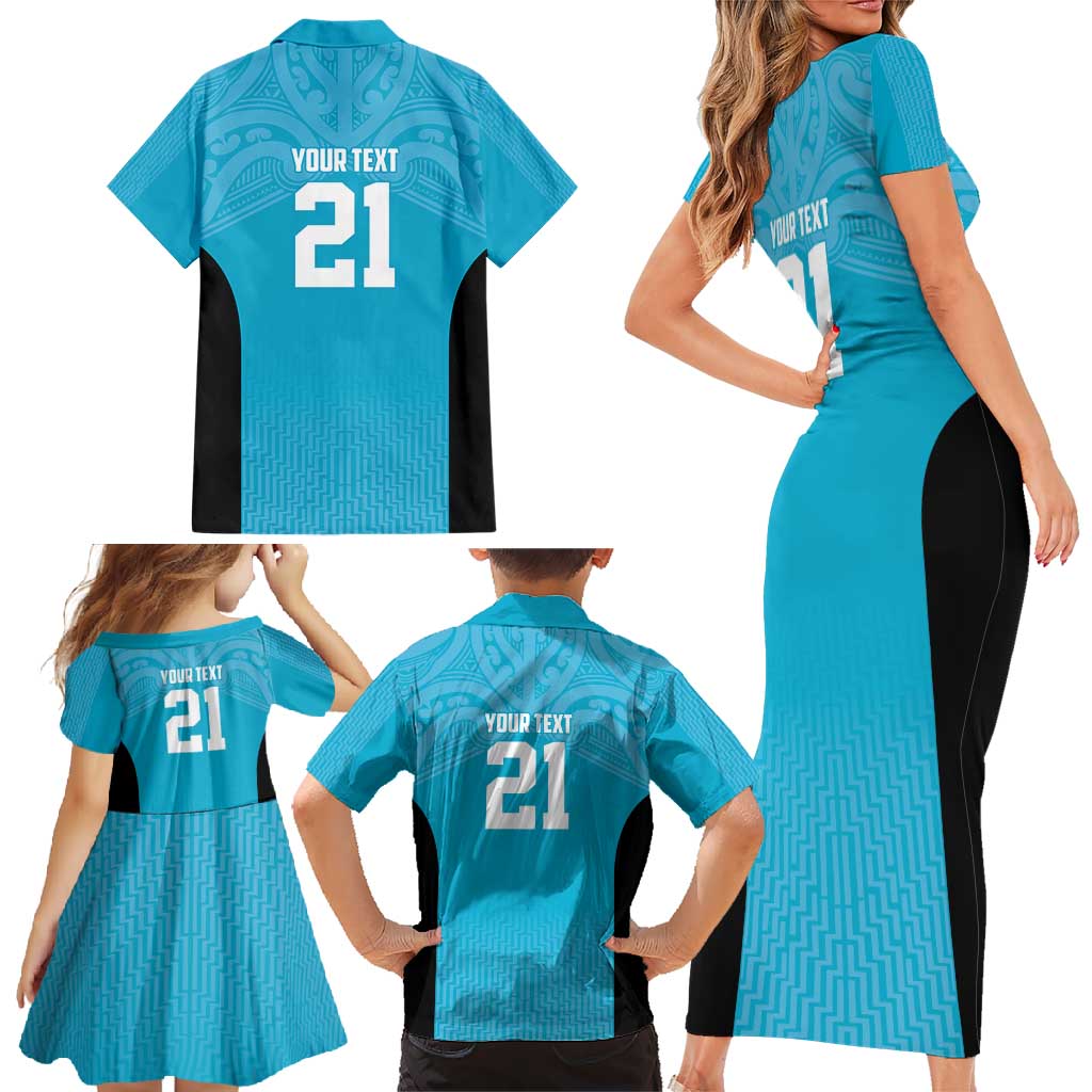 New Zealand Custom Family Matching Short Sleeve Bodycon Dress and Hawaiian Shirt Fire Basketball Maori Tribal Sky Blue - Polynesian Pride