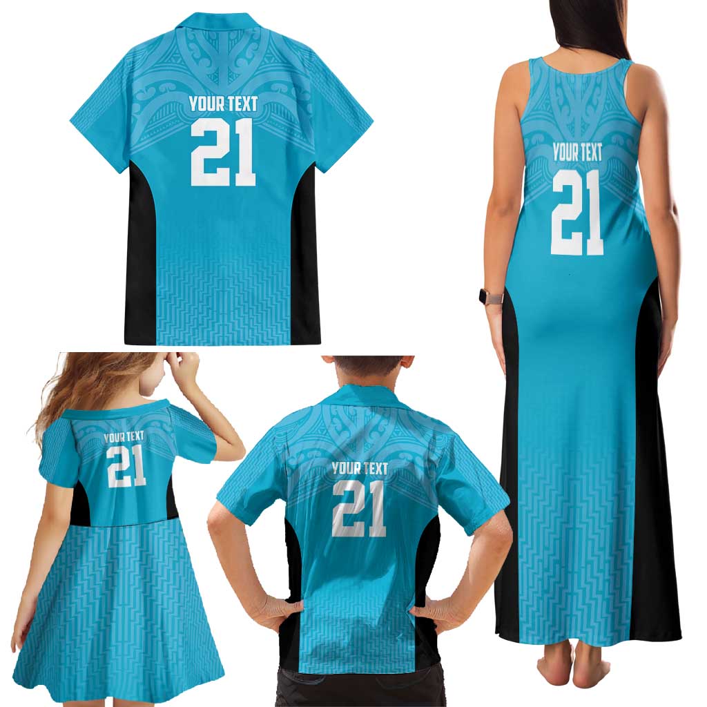 New Zealand Custom Family Matching Tank Maxi Dress and Hawaiian Shirt Fire Basketball Maori Tribal Sky Blue - Polynesian Pride