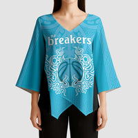 New Zealand Custom Kimono Sleeve Blouse Fire Basketball Maori Tribal Sky Blue - Polynesian Pride