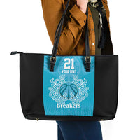 New Zealand Custom Leather Tote Bag Fire Basketball Maori Tribal Sky Blue - Polynesian Pride
