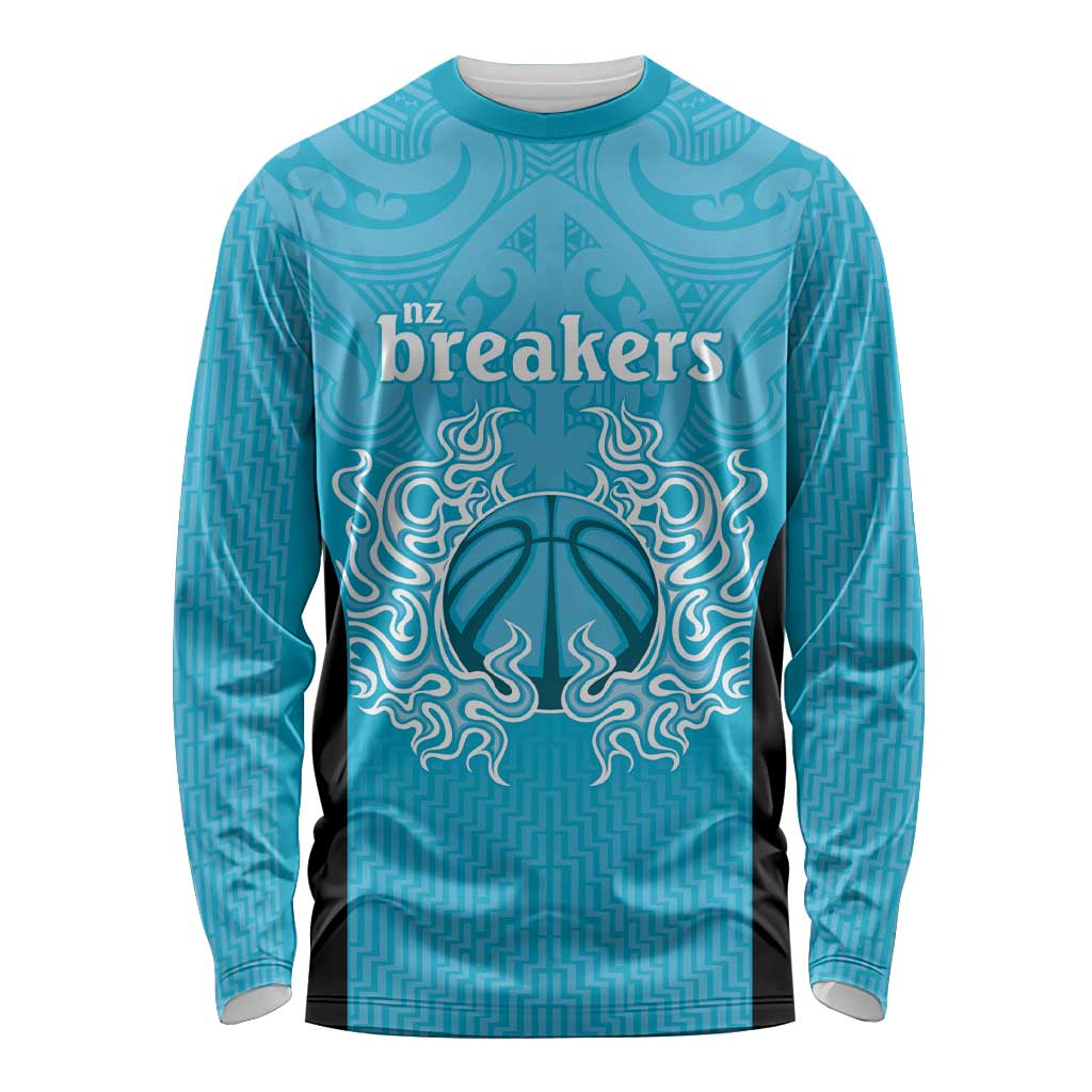 New Zealand Custom Long Sleeve Shirt Fire Basketball Maori Tribal Sky Blue - Polynesian Pride