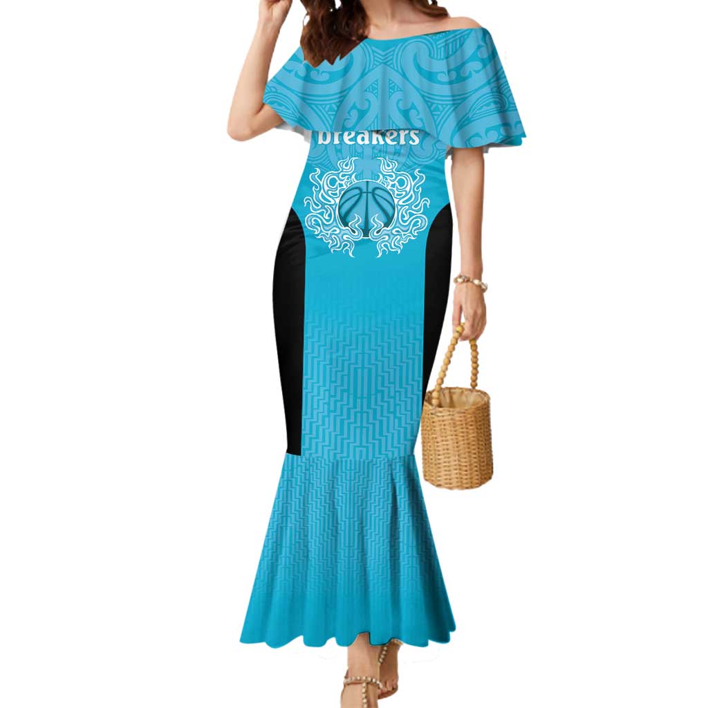 New Zealand Custom Mermaid Dress Fire Basketball Maori Tribal Sky Blue - Polynesian Pride