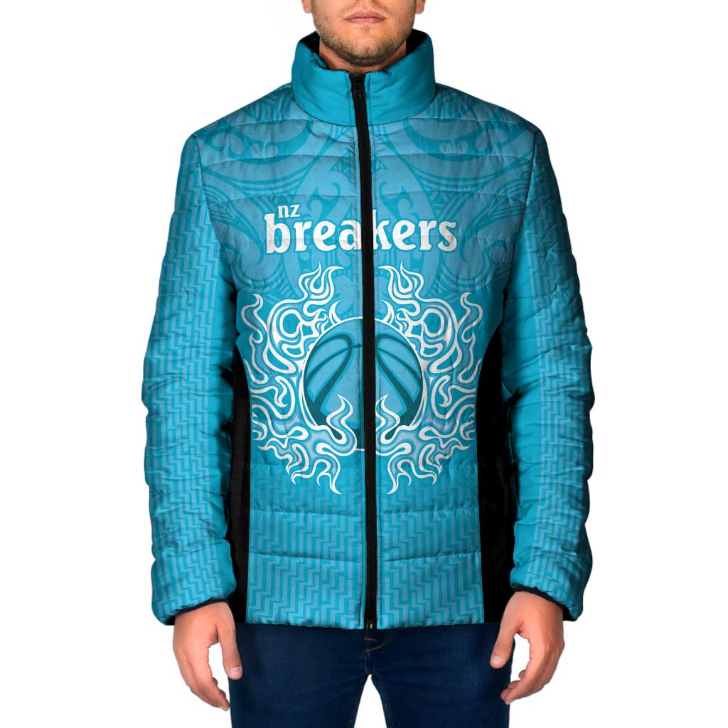 New Zealand Custom Padded Jacket Fire Basketball Maori Tribal Sky Blue - Polynesian Pride