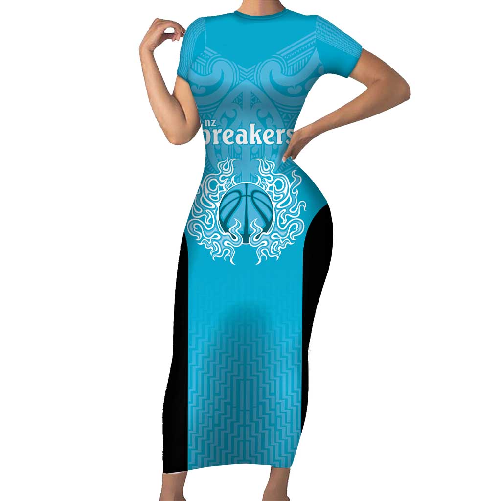 New Zealand Custom Short Sleeve Bodycon Dress Fire Basketball Maori Tribal Sky Blue - Polynesian Pride