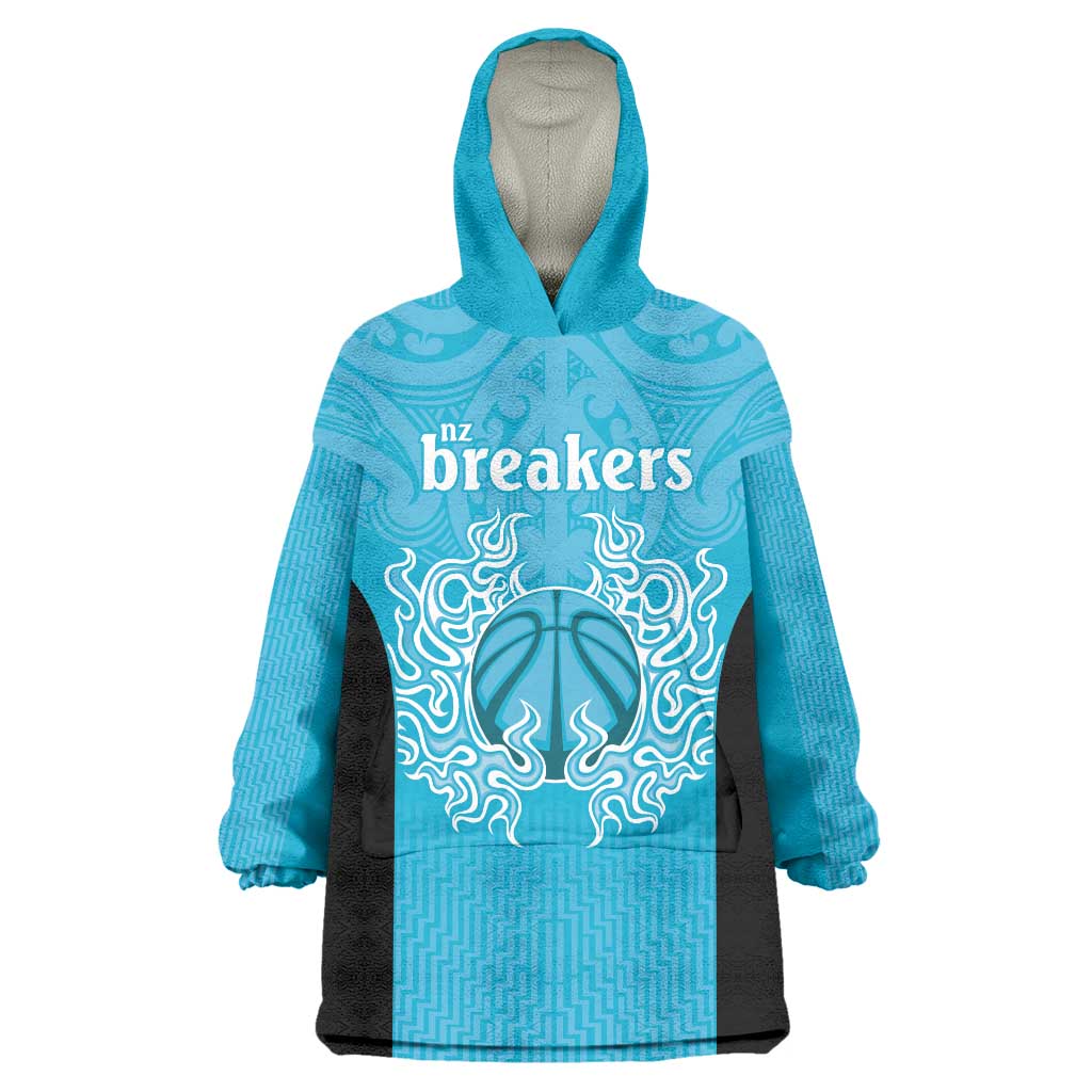 New Zealand Custom Wearable Blanket Hoodie Fire Basketball Maori Tribal Sky Blue - Polynesian Pride