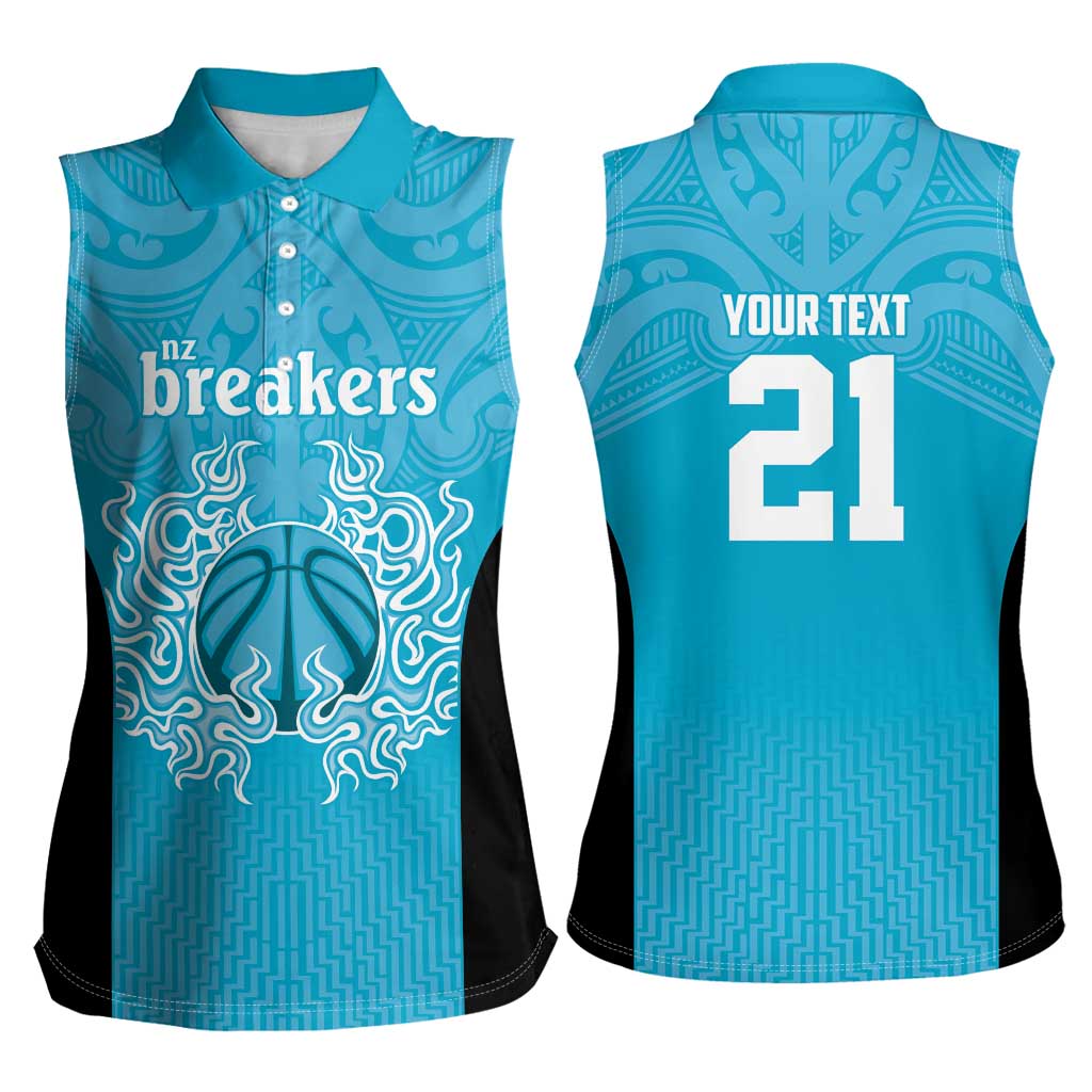 New Zealand Custom Women Sleeveless Polo Shirt Fire Basketball Maori Tribal Sky Blue - Polynesian Pride