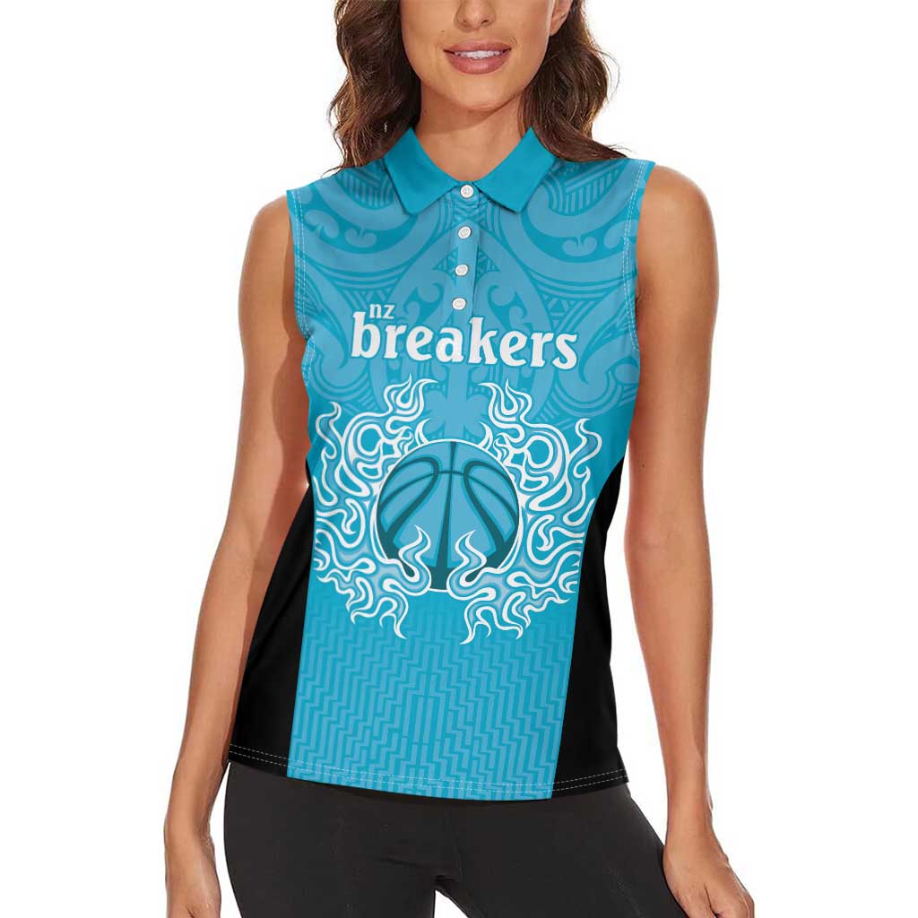 New Zealand Custom Women Sleeveless Polo Shirt Fire Basketball Maori Tribal Sky Blue - Polynesian Pride