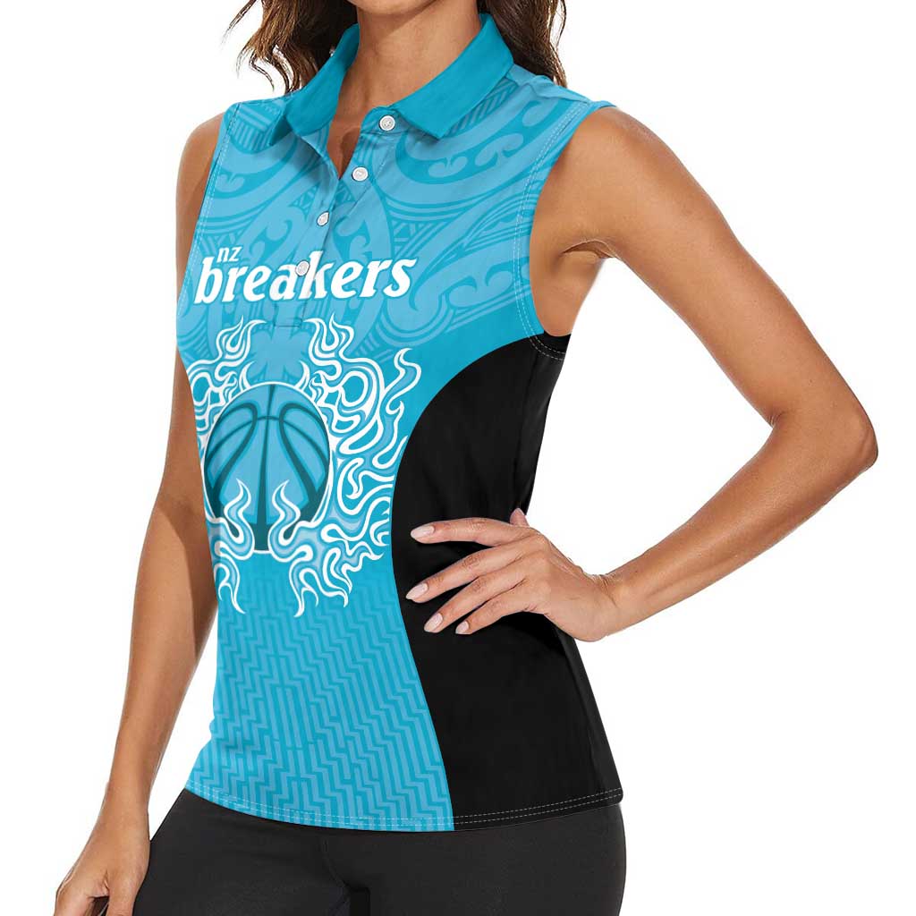 New Zealand Custom Women Sleeveless Polo Shirt Fire Basketball Maori Tribal Sky Blue - Polynesian Pride