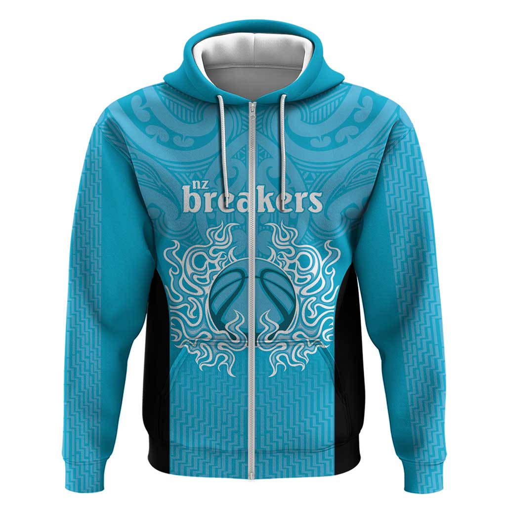 New Zealand Custom Zip Hoodie Fire Basketball Maori Tribal Sky Blue - Polynesian Pride