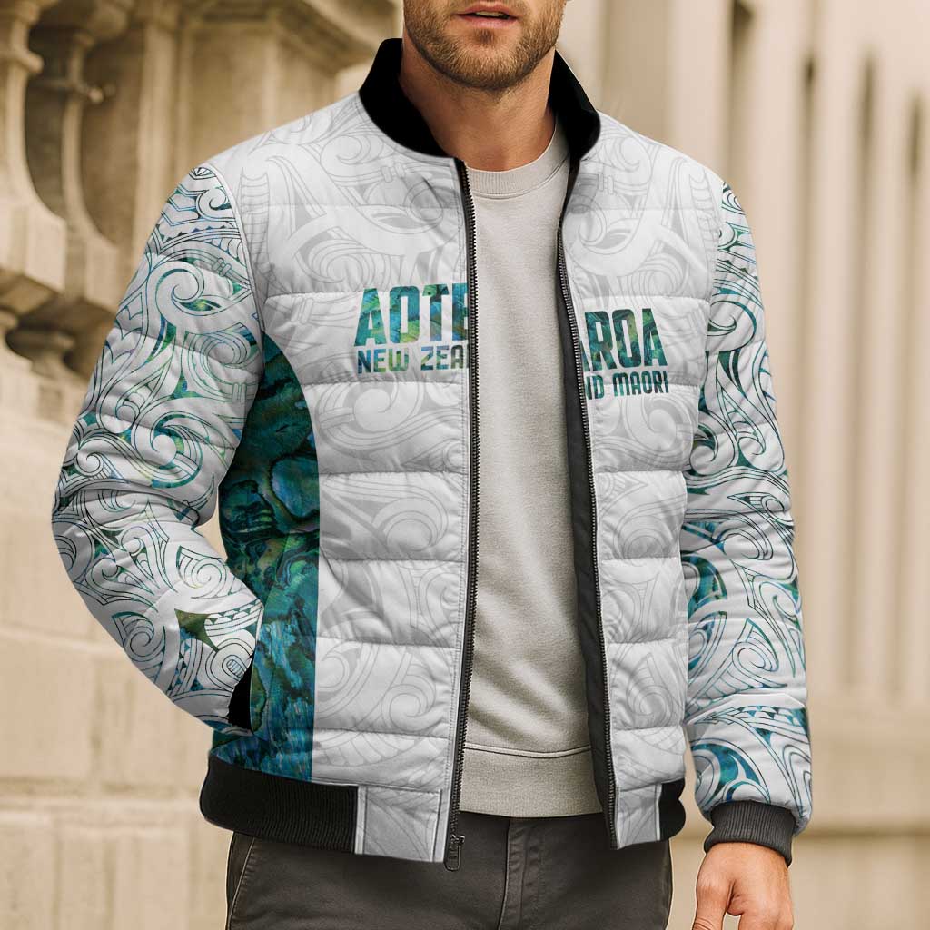 Custom New Zealand Aotearoa Bomber Puffer Jacket Green Maori Paua Shell Indigenous LT9 - Polynesian Pride