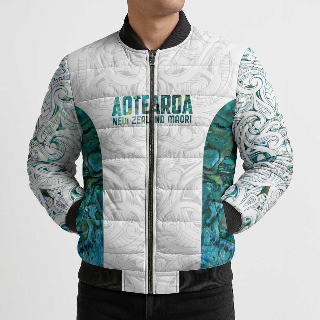 Custom New Zealand Aotearoa Bomber Puffer Jacket Green Maori Paua Shell Indigenous LT9 - Polynesian Pride