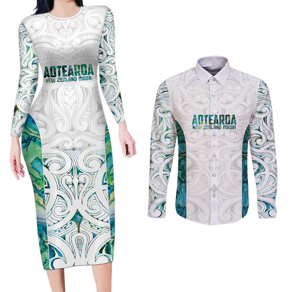 Custom New Zealand Aotearoa Couples Matching Long Sleeve Bodycon Dress and Long Sleeve Button Shirt Green Maori Paua Shell Indigenous LT9 Green - Polynesian Pride