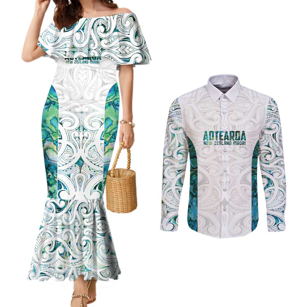 Custom New Zealand Aotearoa Couples Matching Mermaid Dress and Long Sleeve Button Shirt Green Maori Paua Shell Indigenous LT9 Green - Polynesian Pride