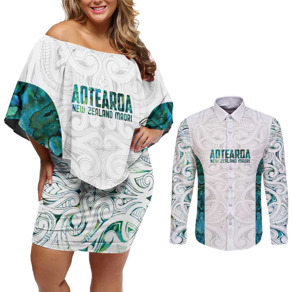 Custom New Zealand Aotearoa Couples Matching Off Shoulder Short Dress and Long Sleeve Button Shirt Green Maori Paua Shell Indigenous - Polynesian Pride