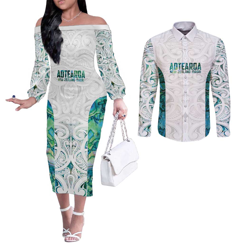 Custom New Zealand Aotearoa Couples Matching Off The Shoulder Long Sleeve Dress and Long Sleeve Button Shirt Green Maori Paua Shell Indigenous LT9 Green - Polynesian Pride
