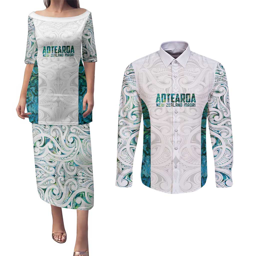 Custom New Zealand Aotearoa Couples Matching Puletasi and Long Sleeve Button Shirt Green Maori Paua Shell Indigenous LT9 Green - Polynesian Pride