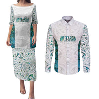 Custom New Zealand Aotearoa Couples Matching Puletasi and Long Sleeve Button Shirt Green Maori Paua Shell Indigenous LT9 Green - Polynesian Pride