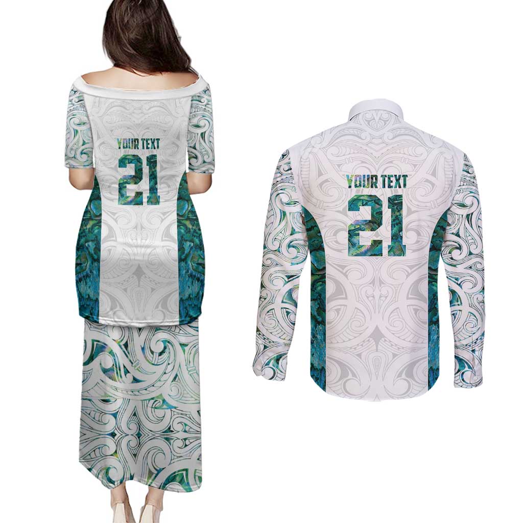 Custom New Zealand Aotearoa Couples Matching Puletasi and Long Sleeve Button Shirt Green Maori Paua Shell Indigenous LT9 - Polynesian Pride