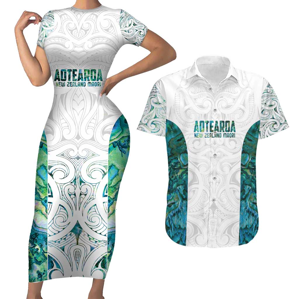 Custom New Zealand Aotearoa Couples Matching Short Sleeve Bodycon Dress and Hawaiian Shirt Green Maori Paua Shell Indigenous - Polynesian Pride