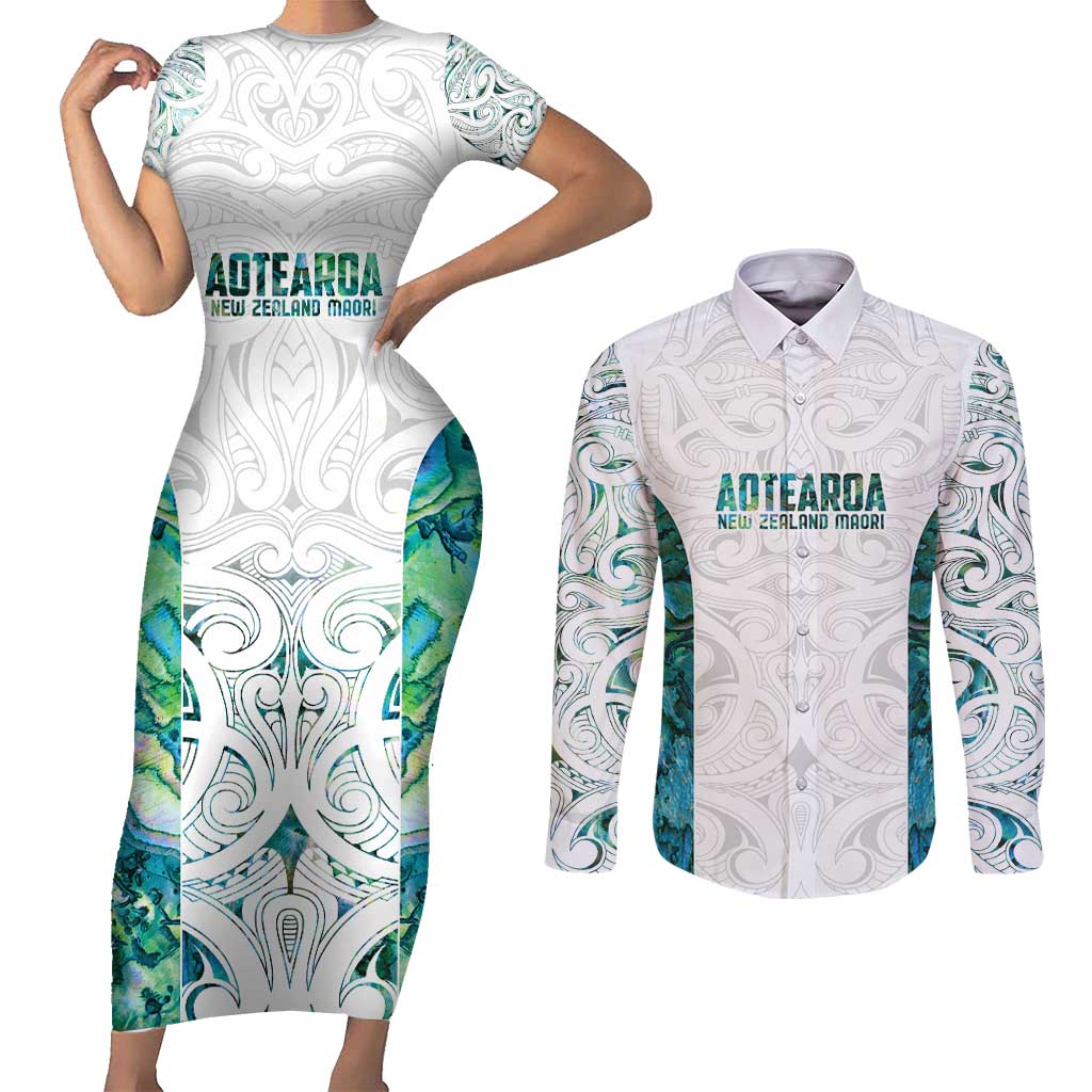 Custom New Zealand Aotearoa Couples Matching Short Sleeve Bodycon Dress and Long Sleeve Button Shirt Green Maori Paua Shell Indigenous LT9 Green - Polynesian Pride