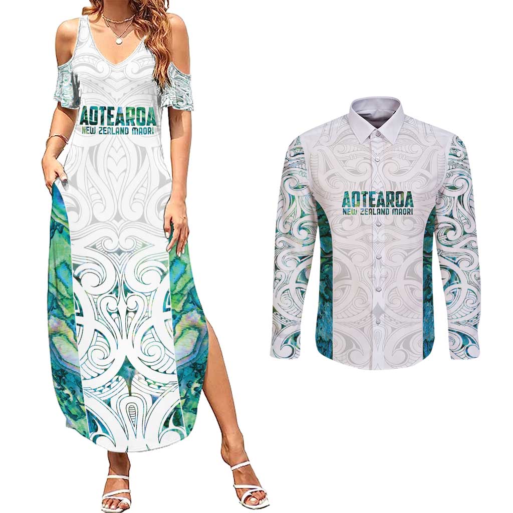 Custom New Zealand Aotearoa Couples Matching Summer Maxi Dress and Long Sleeve Button Shirt Green Maori Paua Shell Indigenous LT9 Green - Polynesian Pride