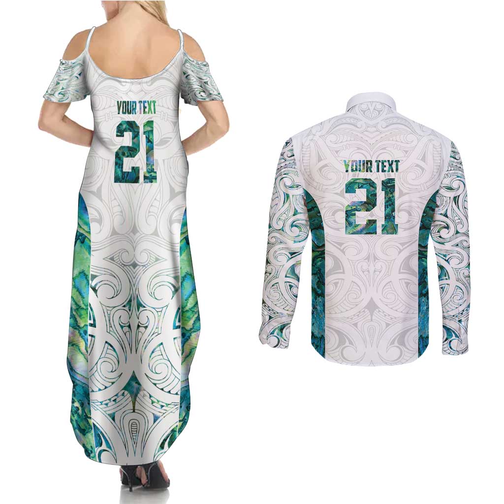 Custom New Zealand Aotearoa Couples Matching Summer Maxi Dress and Long Sleeve Button Shirt Green Maori Paua Shell Indigenous LT9 - Polynesian Pride