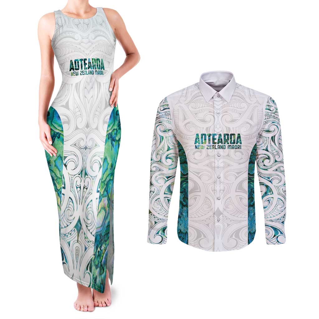 Custom New Zealand Aotearoa Couples Matching Tank Maxi Dress and Long Sleeve Button Shirt Green Maori Paua Shell Indigenous LT9 Green - Polynesian Pride