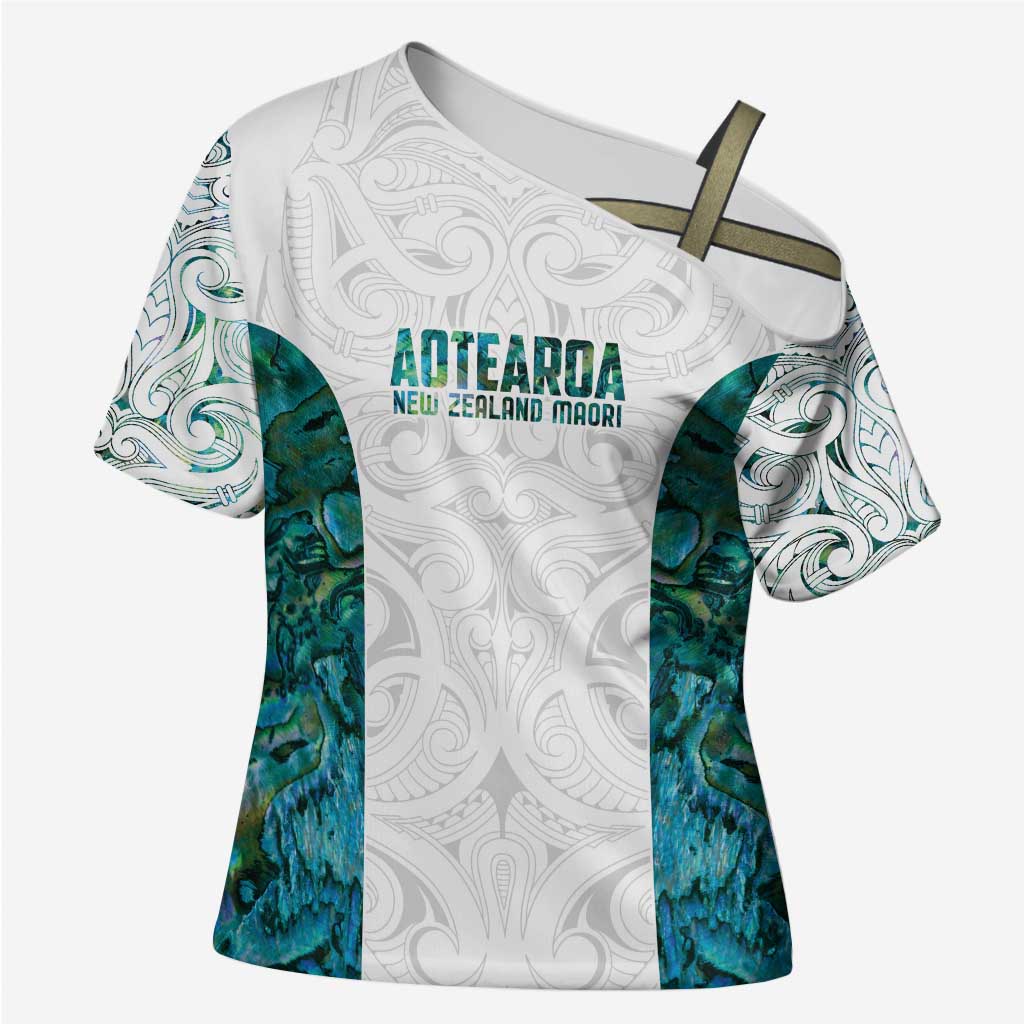 Custom New Zealand Aotearoa Cross Shoulder Shirt Green Maori Paua Shell Indigenous LT9 Female Green - Polynesian Pride