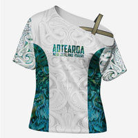 Custom New Zealand Aotearoa Cross Shoulder Shirt Green Maori Paua Shell Indigenous LT9 Female Green - Polynesian Pride