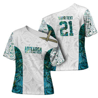 Custom New Zealand Aotearoa Cross Shoulder Shirt Green Maori Paua Shell Indigenous LT9 - Polynesian Pride