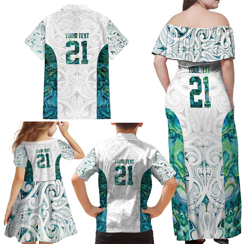 Custom New Zealand Aotearoa Family Matching Off Shoulder Maxi Dress and Hawaiian Shirt Green Maori Paua Shell Indigenous - Polynesian Pride