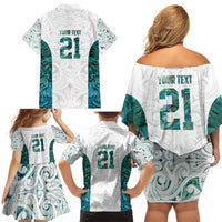 Custom New Zealand Aotearoa Family Matching Off Shoulder Short Dress and Hawaiian Shirt Green Maori Paua Shell Indigenous - Polynesian Pride
